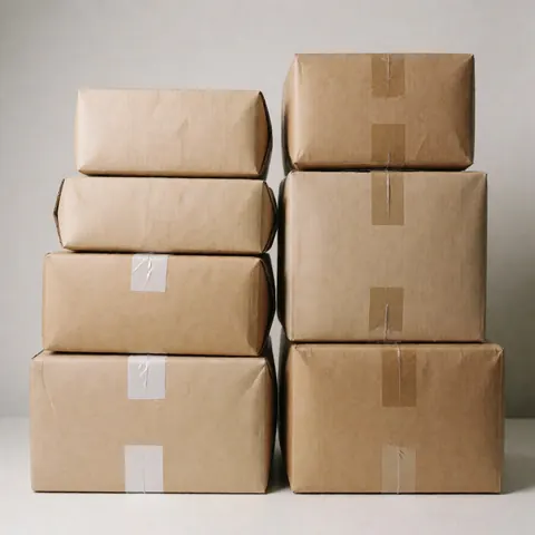Cartons marron avec ruban adhésif, prêts pour l'expédition par une boutique en ligne.
