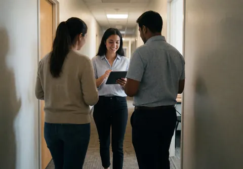 Trois individus dans un couloir d'office vérifiant une tablette ; l'un sourit tandis que les autres regardent l'écran, illustrant la collaboration professionnelle.