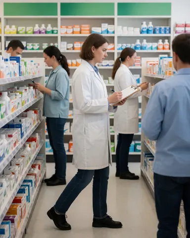 Une pharmacienne consulte un carnet en marchant entre les étagères pendant que ses collègues inspectent les produits pharmaceutiques.