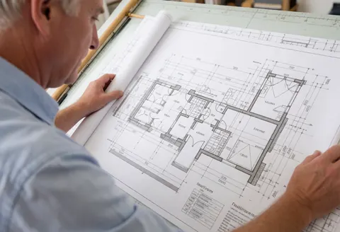 Un architecte examine les plans détaillés d'une maison posés sur une table de travail dans un bureau.