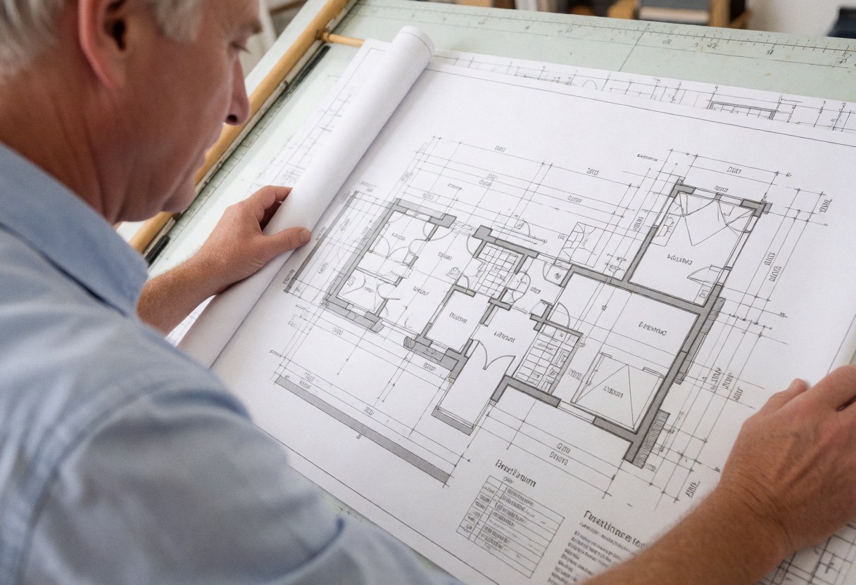 Un architecte examine les plans détaillés d'une maison posés sur une table de travail dans un bureau.