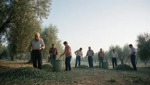 Groupe de travailleurs en train de cueillir des olives dans une oliveraie avec des outils et des seaux.