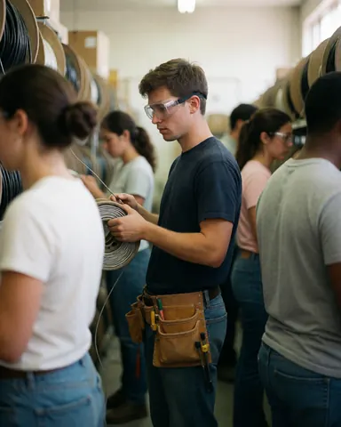 Un technicien équipé de lunettes et d'une ceinture à outils tient un rouleau de câbles dans un entrepôt, entouré d'autres collaborateurs.