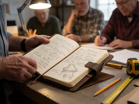 Quatre hommes adultes en atelier avec un carnet de dessins et des outils de mesure sur une table en bois.