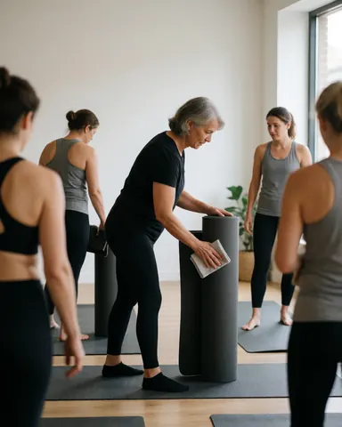 Une femme nettoie des tapis de yoga dans un studio pendant que d'autres femmes observent.