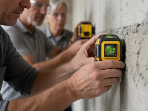 Trois ouvriers utilisent des niveaux laser jaunes pour mesurer précisément une paroi de béton, mettant l'accent sur leurs mains tenant les instruments.