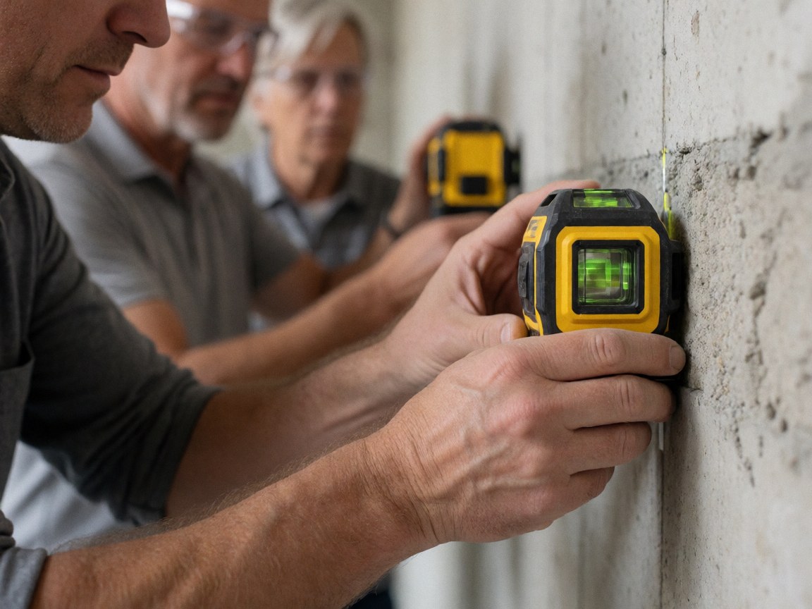 Trois ouvriers utilisent des niveaux laser jaunes pour mesurer précisément une paroi de béton, mettant l'accent sur leurs mains tenant les instruments.