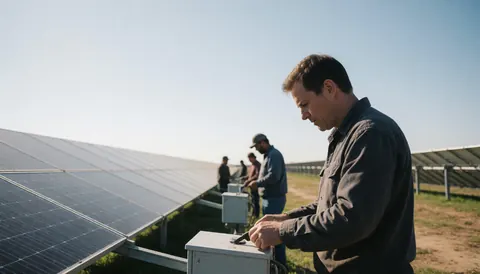 Des travailleurs ajustent des équipements électriques sous un soleil brillant dans un champ ouvert.