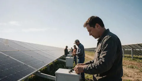 Des travailleurs ajustent des équipements électriques sous un soleil brillant dans un champ ouvert.