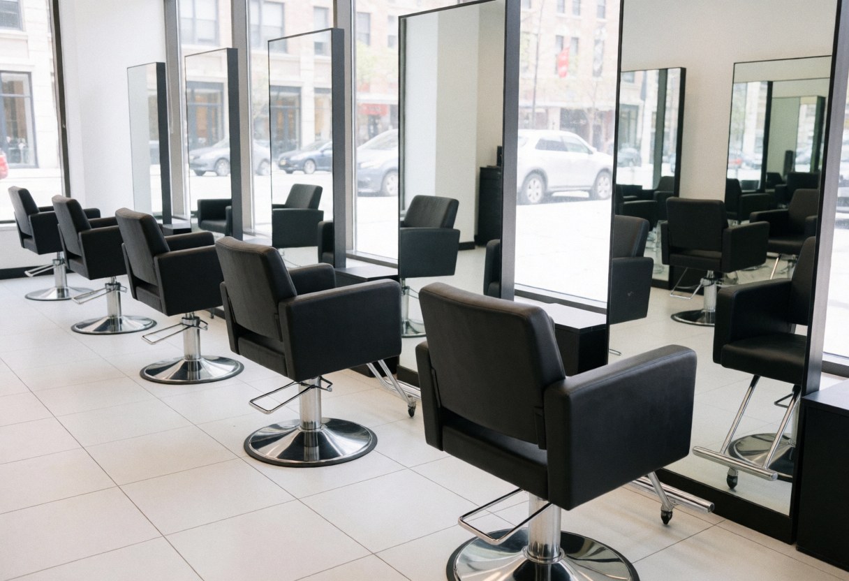 Chaises noires avec base métallique dans un salon moderne équipé de miroirs et de fenêtres.
