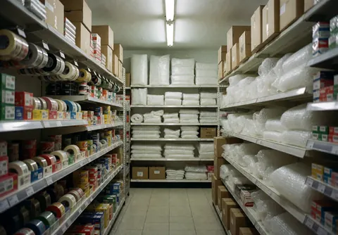 Allée d'un magasin avec des étagères chargées de rubans adhésifs et de papier bulle pour l'emballage de marchandises.