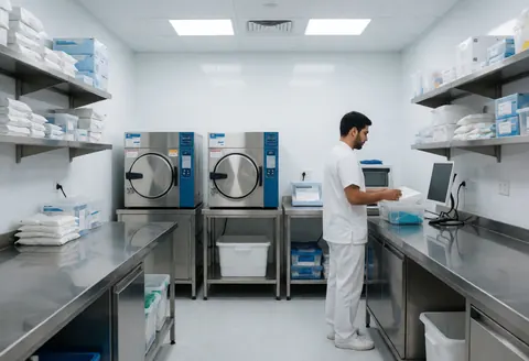 Un professionnel en blouse blanche examine des packs stériles sur une table en acier inoxydable dans un laboratoire clinique avec des stérilisateurs industriels.