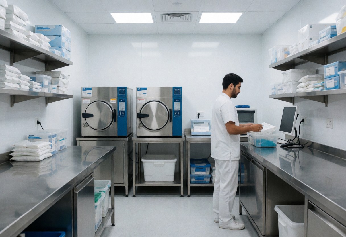 Un professionnel en blouse blanche examine des packs stériles sur une table en acier inoxydable dans un laboratoire clinique avec des stérilisateurs industriels.