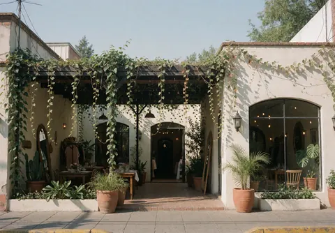 Façade d'un restaurant avec terrasse couverte de végétation et tables en extérieur.