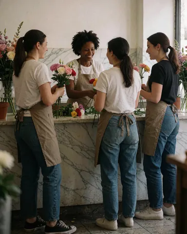 Quatre employées d'une fleuriste sourient tout en composant un bouquet de fleurs sur un comptoir en marbre.