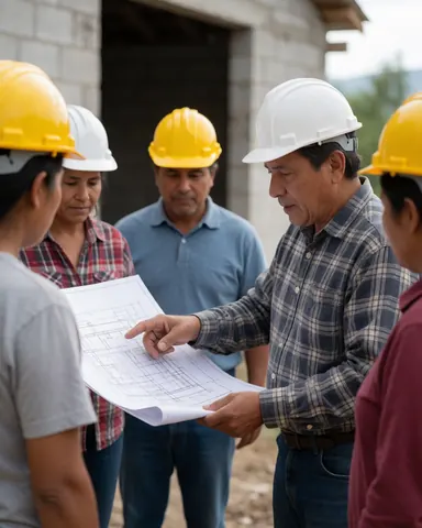 Un groupe de travailleurs portant des casques jaunes et blancs examine des plans de construction sur un chantier.