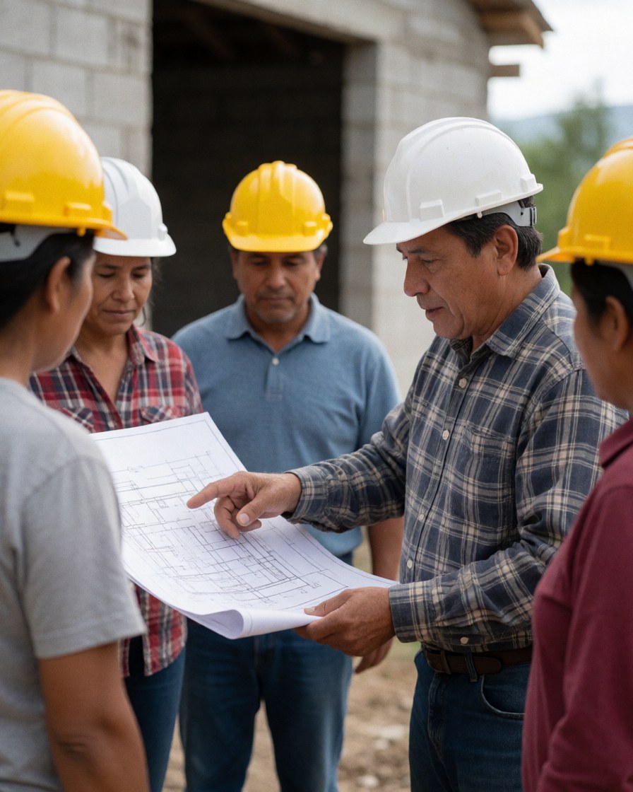 Un groupe de travailleurs portant des casques jaunes et blancs examine des plans de construction sur un chantier.