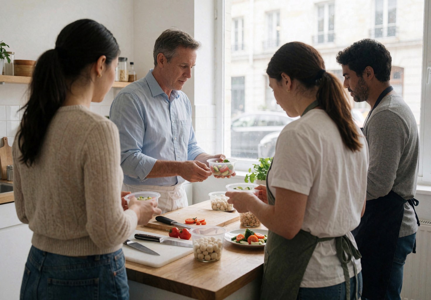 Un nutritionniste montre des portions de repas équilibrés à un groupe dans une cuisine moderne.