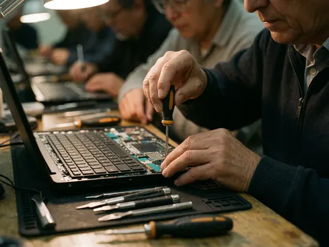 Un technicien portant des gants répare un ordinateur portable ouvert sur une table de travail avec des outils.