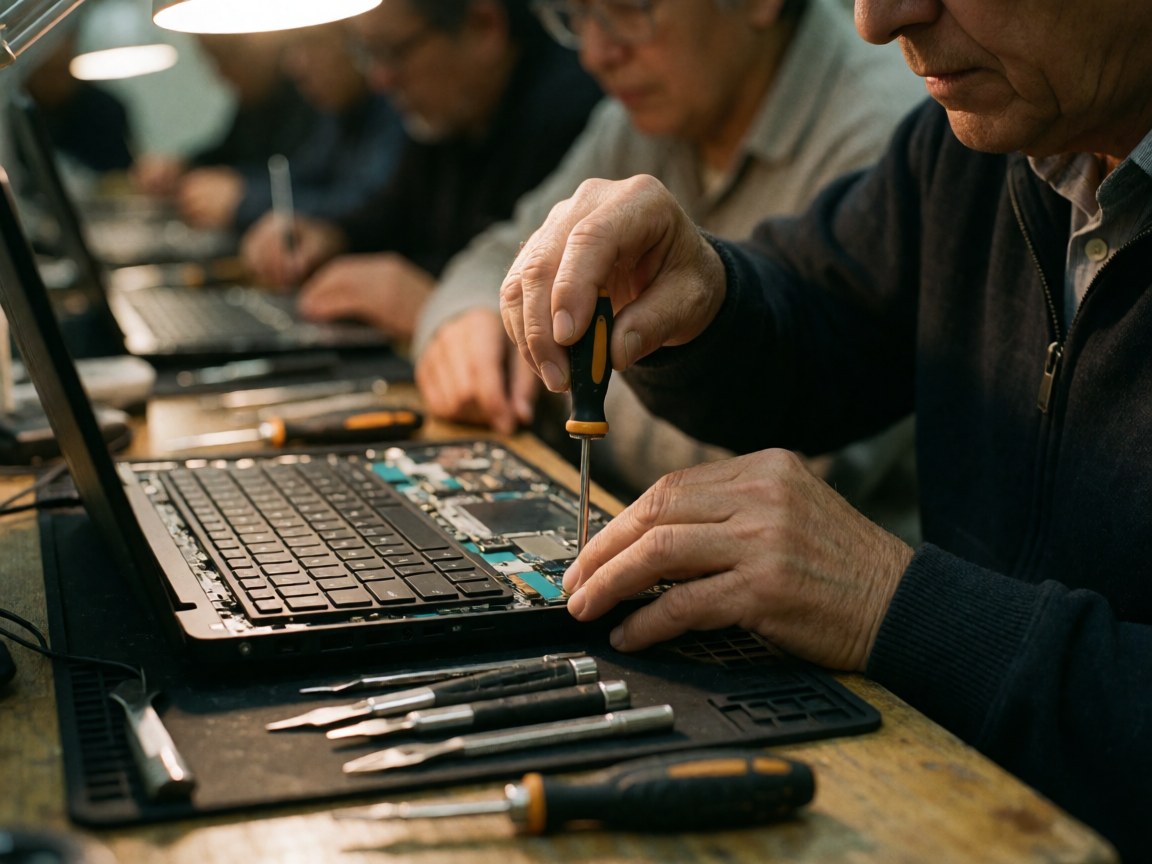 Un technicien portant des gants répare un ordinateur portable ouvert sur une table de travail avec des outils.
