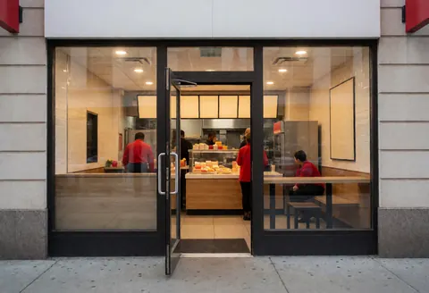 Façade de restaurant avec porte ouverte, montrant des employés travaillant derrière le comptoir et un client assis à une table.