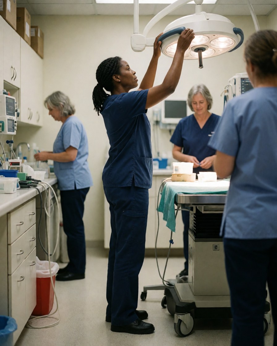 Une assistante vétérinaire règle un éclairage chirurgical dans une clinique, tandis que d'autres professionnels travaillent autour d'une table d'opération.
