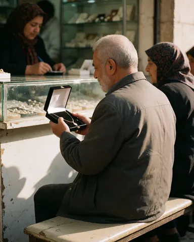 Un homme d'âge mûr observe attentivement le contenu d'une boîte à bijoux posée sur un comptoir vitré dans un magasin de joaillerie.