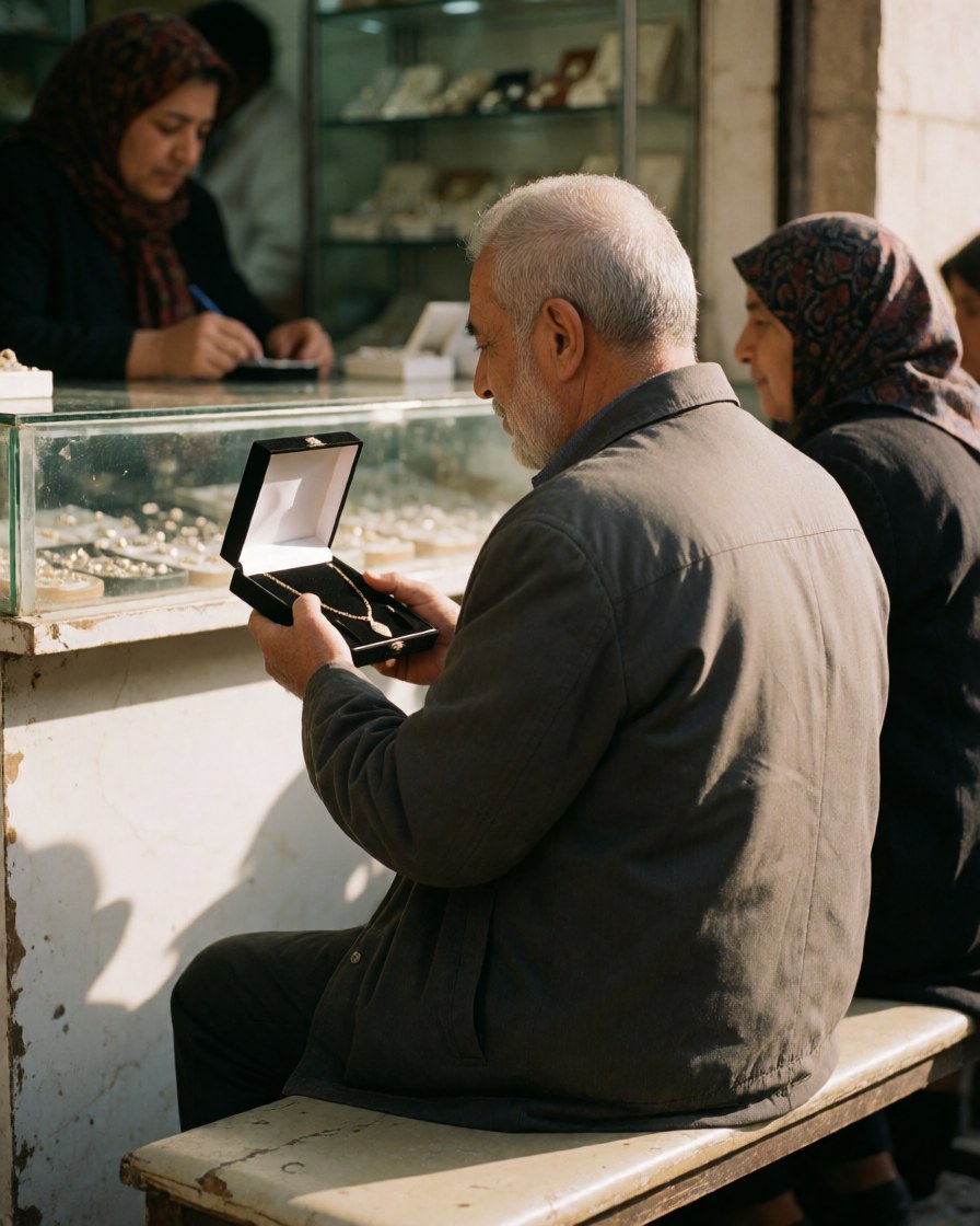 Un homme d'âge mûr observe attentivement le contenu d'une boîte à bijoux posée sur un comptoir vitré dans un magasin de joaillerie.