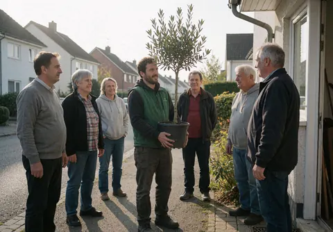Un jardinier livre un arbre en pot devant une maison, remettant la plante au client pour son aménagement paysager.