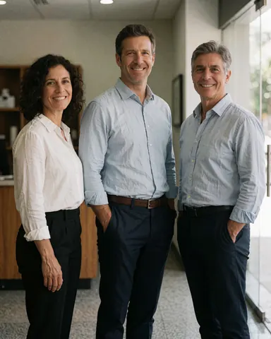 Trois personnes habillées de manière formelle posant ensemble dans un environnement de travail contemporain.