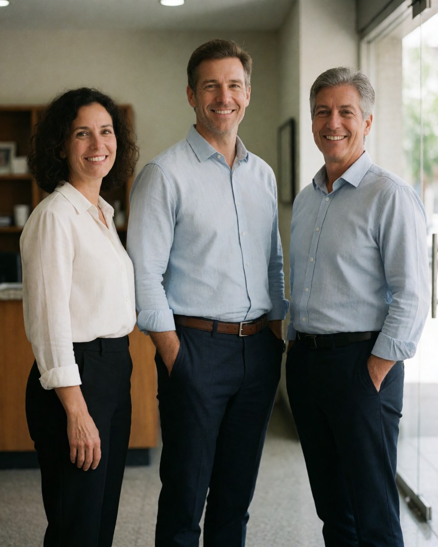 Trois personnes habillées de manière formelle posant ensemble dans un environnement de travail contemporain.