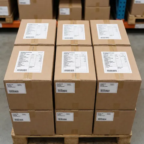 Cartons avec étiquettes d'expédition empilés dans un entrepôt logistique, prêts pour le transport et la distribution de marchandises.