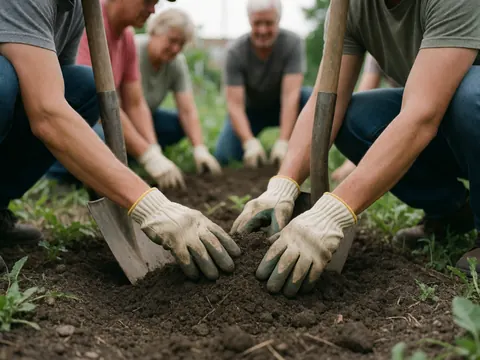 Des mains portant des gants de travail manipulant la terre fertile au sein d'un jardin communautaire, entourées d'outils de jardinage.