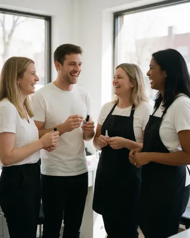 Quatre professionnelles des ongles rient ensemble tout en tenant des produits de manucure dans un salon de beauté.