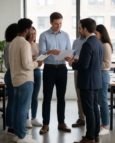 Collaborateurs souriants analysant ensemble des dossiers sur une table dans un espace de travail lumineux aux grandes fenêtres.