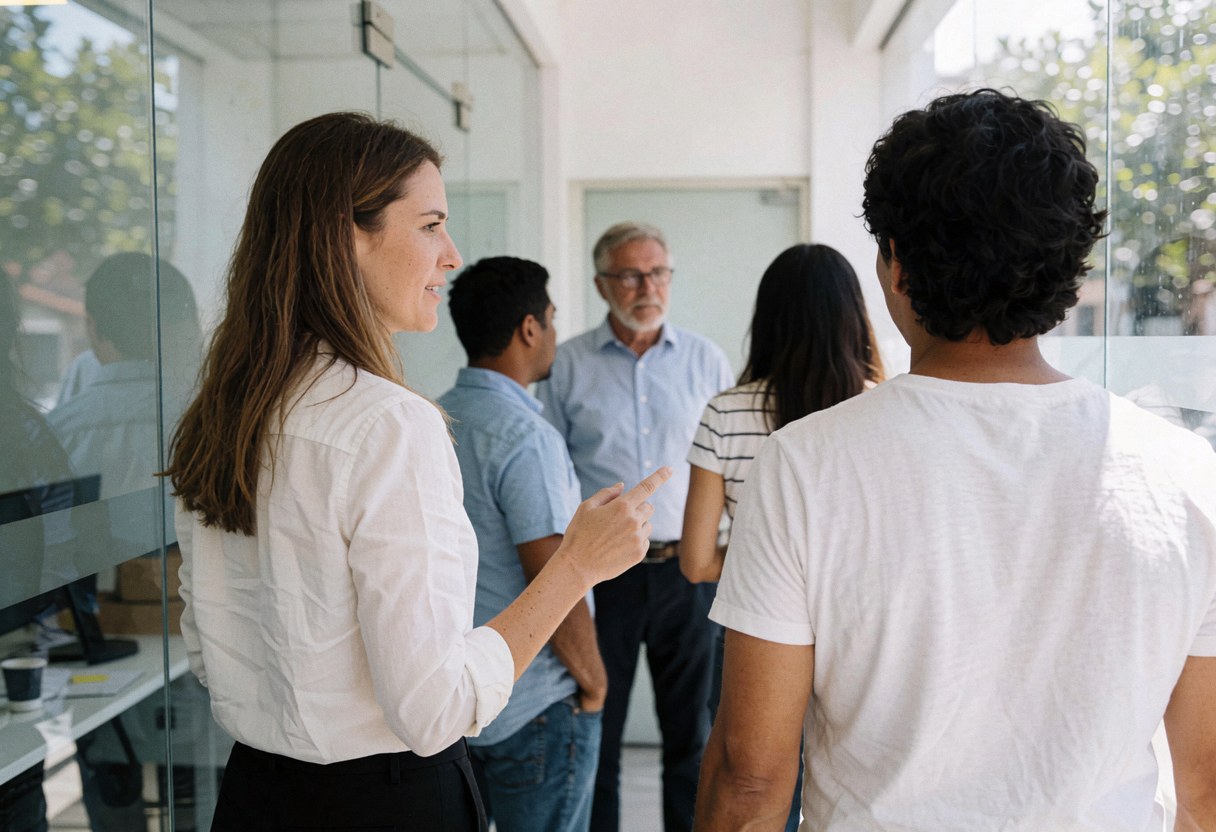 Une femme accompagne un groupe de personnes dans un espace de travail moderne aux murs vitrés.