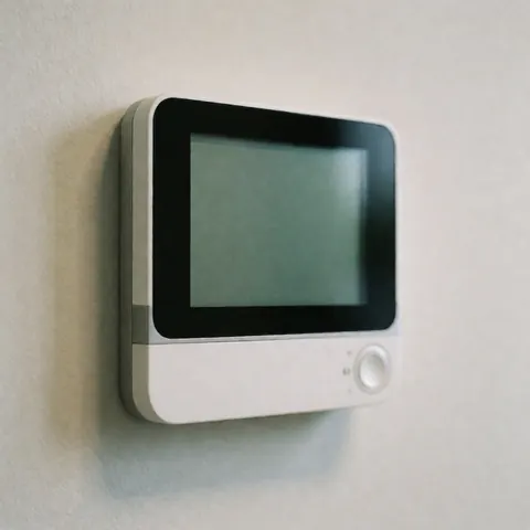 Thermostat blanc monté sur un mur blanc avec écran éteint et bouton circulaire visible.