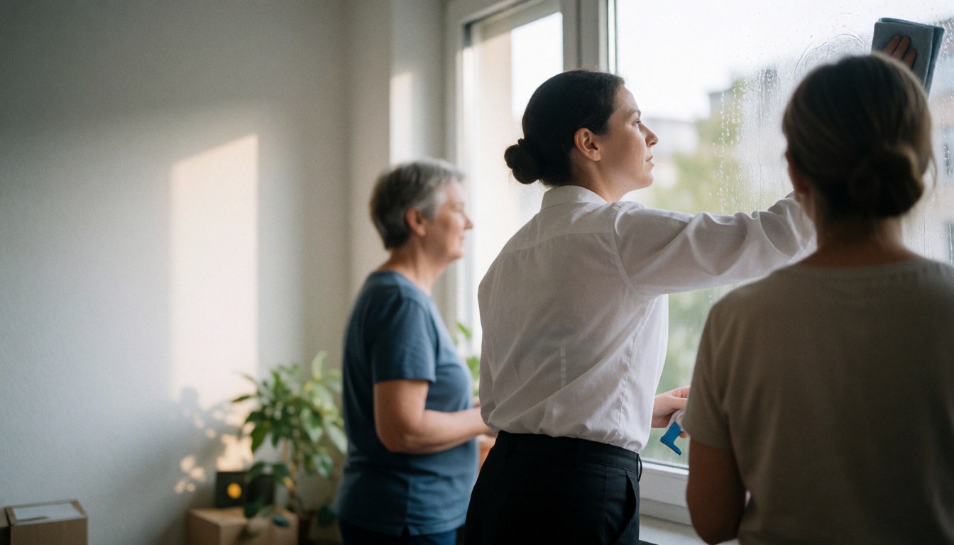 Une femme nettoie une fenêtre à l'intérieur en utilisant des outils de nettoyage professionnels.