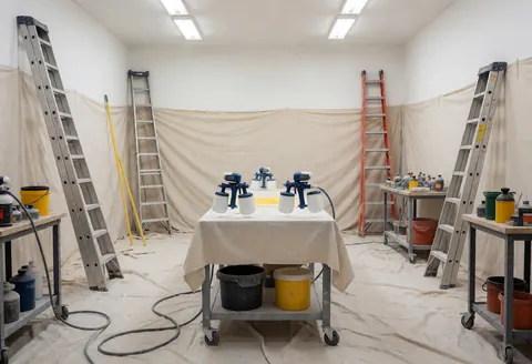 Atelier de peinture avec équipement professionnel, échelles, seaux et outils dans une pièce aux murs couverts.