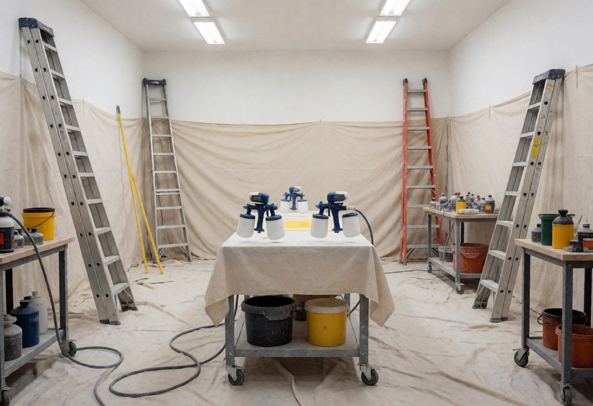 Atelier de peinture avec équipement professionnel, échelles, seaux et outils dans une pièce aux murs couverts.
