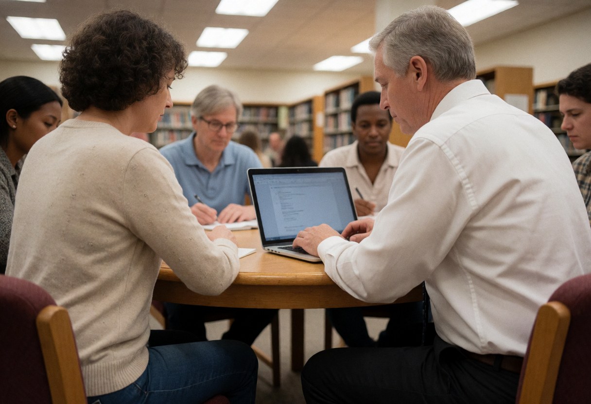 Un professeur et un étudiant travaillent ensemble sur un ordinateur portable posé sur une table au sein d'une bibliothèque universitaire.