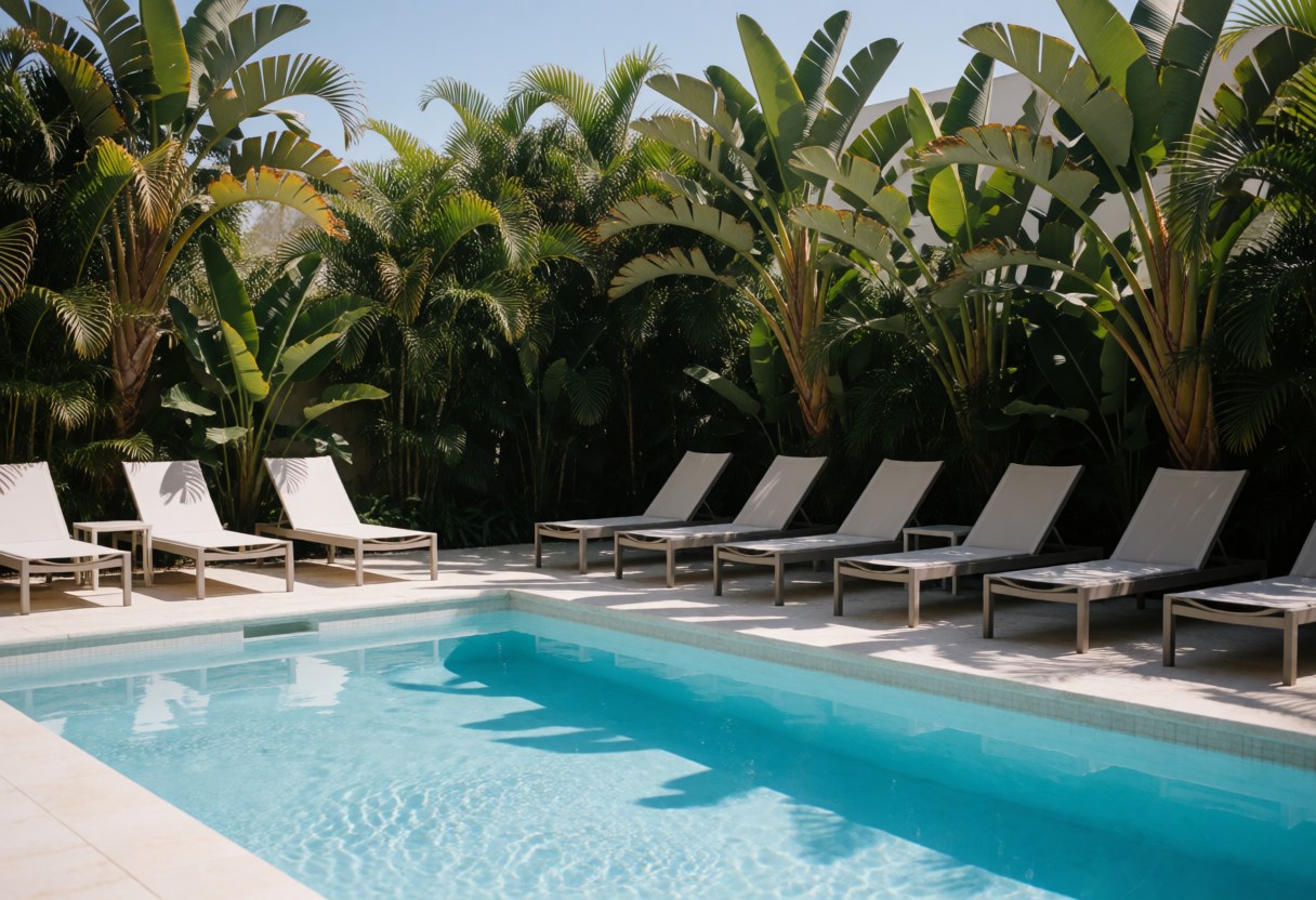 Piscine aux eaux turquoise entourée de transats blancs et de palmiers sous le soleil.