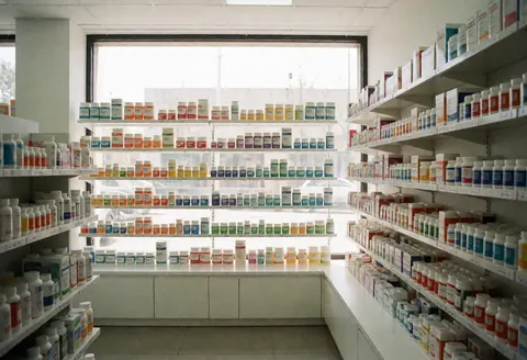 Des étagères chargées de produits pharmaceutiques dans un magasin avec de grandes fenêtres et un sol en carreaux blancs.