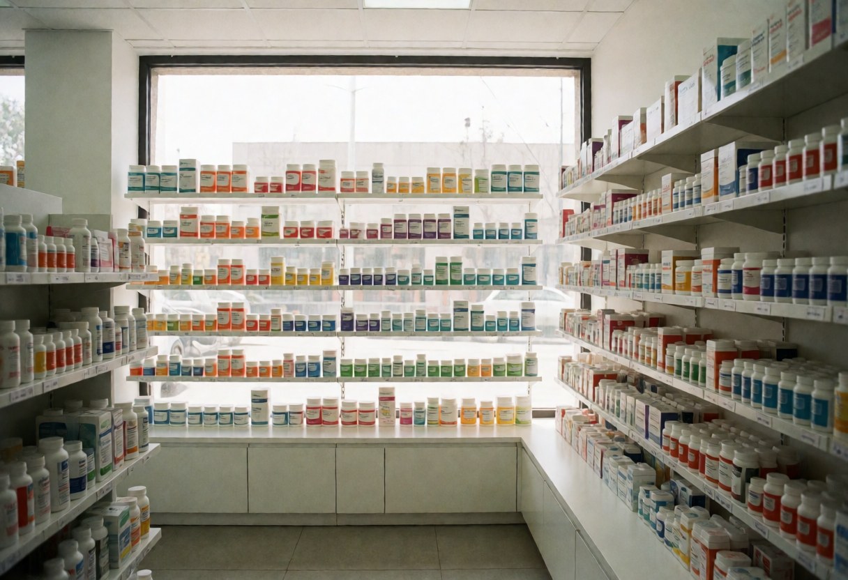 Des étagères chargées de produits pharmaceutiques dans un magasin avec de grandes fenêtres et un sol en carreaux blancs.