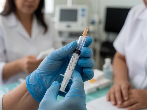 Gros plan d'une main portant un gant bleu tenant fermement une seringue médicale dans un environnement clinique professionnel.