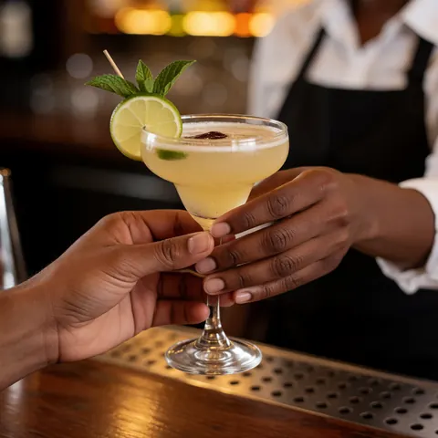 Des mains versent un cocktail garni de citron vert et de menthe dans un établissement de boissons.