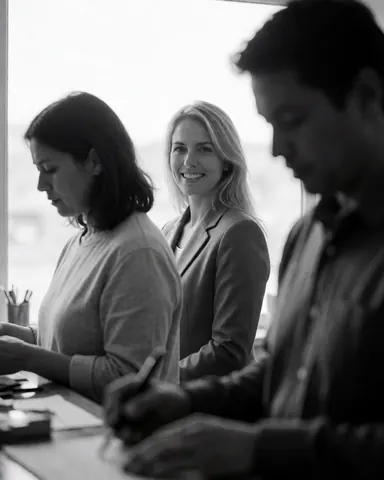 Trois professionnels du secteur immobilier collaborent dans un bureau moderne ; deux écrivent pendant qu'une collègue sourit vers l'appareil photo.