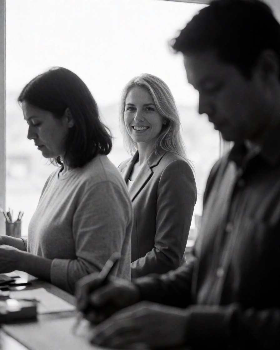 Trois professionnels du secteur immobilier collaborent dans un bureau moderne ; deux écrivent pendant qu'une collègue sourit vers l'appareil photo.