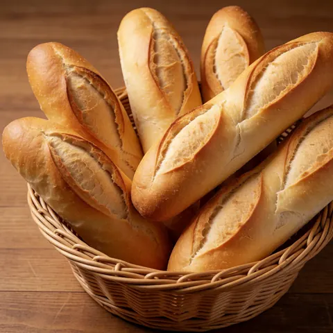 Des baguettes de pain croustillant posées dans un panier en osier sur une table en bois, mettant en valeur la fraîcheur du produit.