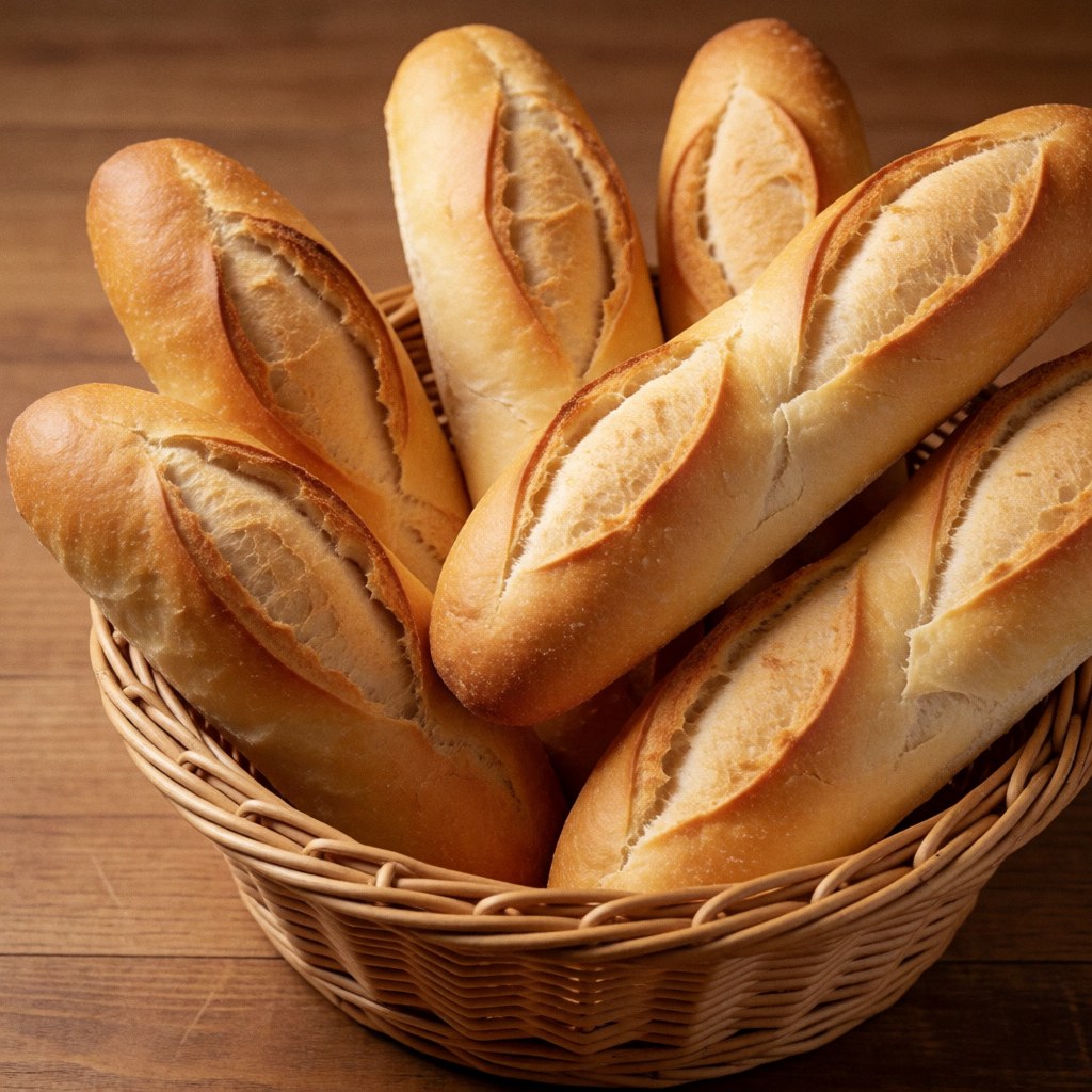 Des baguettes de pain croustillant posées dans un panier en osier sur une table en bois, mettant en valeur la fraîcheur du produit.